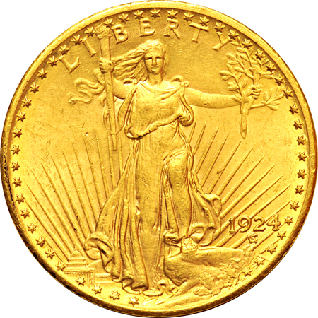 Five Saint-Gaudens double-eagles, as described.