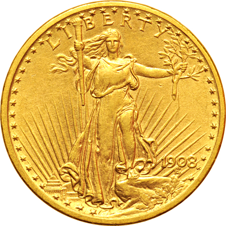 Five Saint-Gaudens double-eagles, as described.