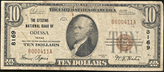 1929 $10.00. Odessa, TX Charter 8169 Ty. 1. VG, plus two additional small size Nationals.