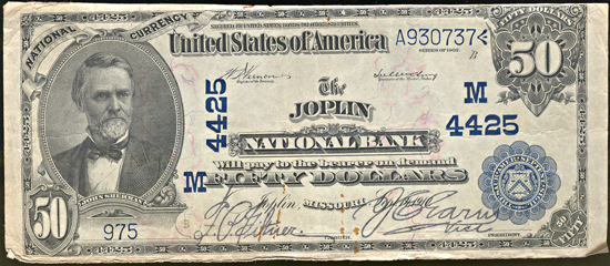 1902 $50.00. Joplin, MO Charter# 4425 Blue Seal date back. F.