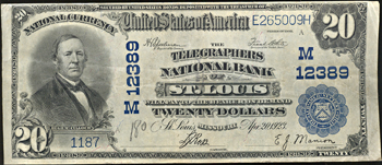 1902 $20.00. Saint Louis, MO Charter# 12389 Blue Seal. VF.