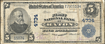 1902 $5.00. Raton, NM Charter# 4734 Blue Seal. F.