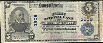 1902 $5.00. Jefferson City, MO Charter# 1809 Blue Seal. F.