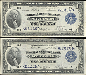 Sequential pair of 1918 $1.00 St. Louis.  AU.