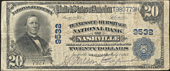 1902 $20.00. Nashville, TN Charter# 9532 Blue Seal. VG.