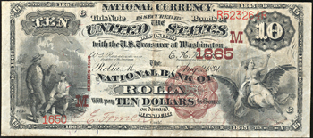 1882 $10.00. Rolla, MO Charter# 1865 Brown Back. VF.