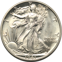 Seven uncirculated Walking Liberty half-dollars.