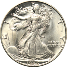 Seven uncirculated Walking Liberty half-dollars.