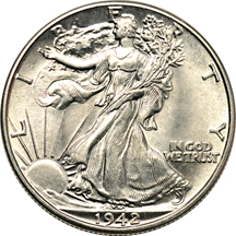 Ten uncirculated Walking Liberty half-dollars.