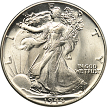 Ten uncirculated Walking Liberty half-dollars.