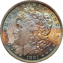 Five colorfully toned Morgan dollars graded MS-64 (one with star) by NGC.