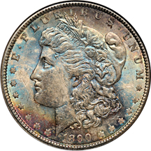 Five colorfully toned Morgan dollars graded MS-64 (one with star) by NGC.