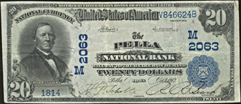 1902 $20.00. Pella, IA Charter# 2063 Blue Seal. VF.