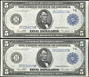 Sequential pair of 1914 $5.00 Chicago.  Blue Seal. CHCU.