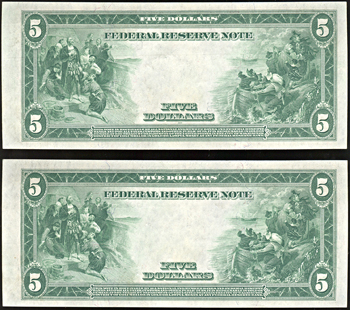 Sequential pair of 1914 $5.00 Chicago.  Blue Seal. CHCU.