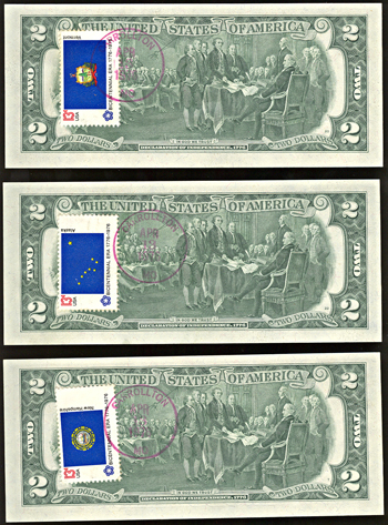 Run of three sequential 1976 $2.00 Kansas City star notes, first day of issue.  CHCU.