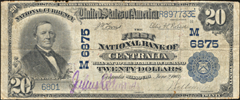 1902 $20.00. Centralia, IL Charter# 6875 Blue Seal. F.