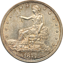 1877-S TRADE. ANACS MS-61 (ANACS case has chip on lower rim).