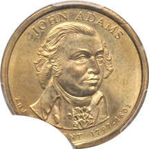 Dual Error.  2007 John Adams Presidential dollar with 11% clip and missing edge lettering. PCGS MS-66.