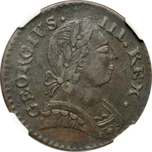 1787 Atlee Machin's Mills imitation halfpence (Vlack 18-87C, R.4). NGC XF details/reverse damage.