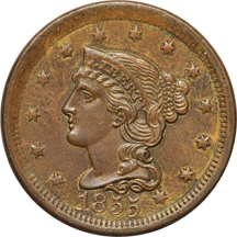 1849 half-cent AU details/whizzed and 1855 large-cent Uncirculated details/questionable color.