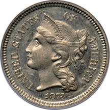 1873 Closed 3 (P01b, plate coin) PCGS PF-62.