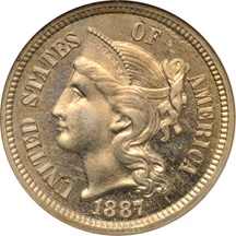 1887 7 over 6 (P02a, plate coin). NGC PF-65.