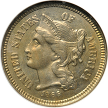 Seven 1866 three-cent nickel varieties.