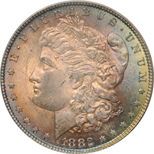 1878-S PCGS MS-64 (green label), and an 1882 PCGS MS-64+.  Both colorfully toned.