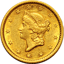 Five U.S. gold coins.  $1, $2.50, $5, $10, and a $20 gold piece.
