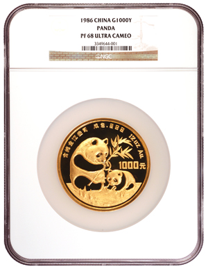 China - 1986 12oz Gold Chinese Panda, 1000Y, NGC PF 68 Ultra Cameo.