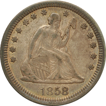 Thirty Seated Liberty quarters.