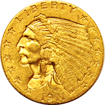 Two 1911 and one 1927 Indian quarter-eagle, as described.