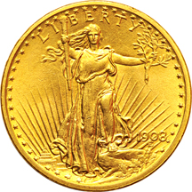 Five Saint-Gaudens double-eagles, as described.