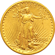 Five Saint-Gaudens double-eagles, as described.