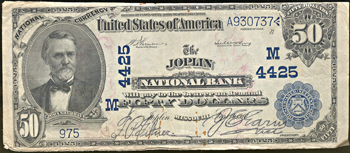 1902 $50.00. Joplin, MO Charter# 4425 Blue Seal date back. F.