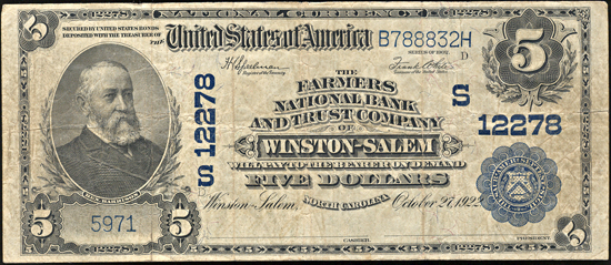 1902 $5.00. Winston-Salem, NC Charter# 12278 Blue Seal. F.