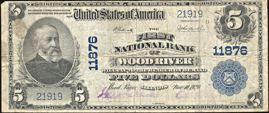 1902 $5.00. Wood River, IL Charter# 11876 Blue Seal. F.