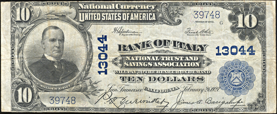 1902 $10.00. San Francisco, CA Charter# 13044 Blue Seal. VF.