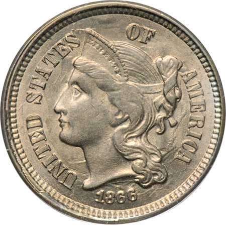 Twenty-two 1866 three-cent nickel varieties.