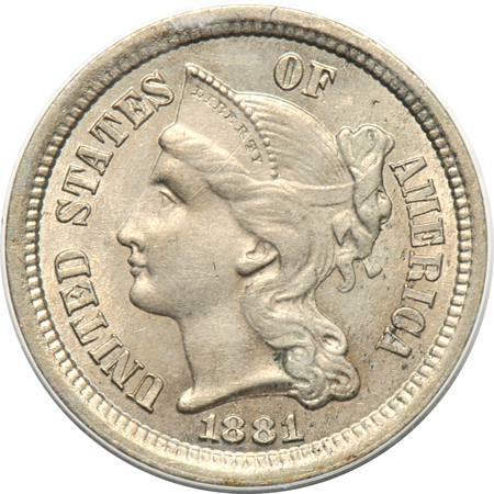 Nine three-cent nickel varieties.