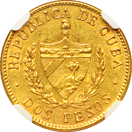 Cuba - 1916 Gold 2 Peso. NGC AU details/mount removed.
