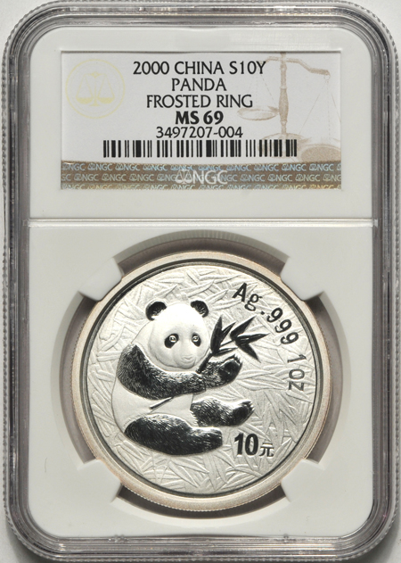 China - Two 2000 1oz silver Panda coins (frosted ring), 10 Yuan,  NGC MS-69.