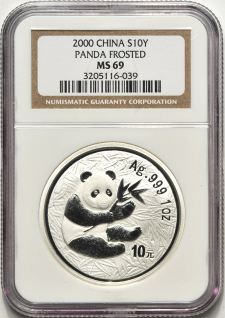 China - Two 2000 1oz silver Panda, frosted, 10 Yuan, NGC MS-69.