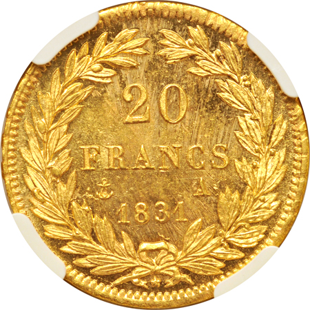 France - 1831A gold 20 Francs, raised letters, NGC MS-63.