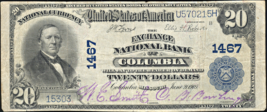 1902 $20.00. Columbia, MO Charter# 1467 Blue Seal. F.
