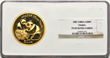 China - 1987 5oz gold Panda, 500 Yuan, NGC PF-69 Ultra Cameo.