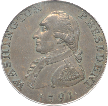 1791 Washington Large Eagle, date on obverse, PCGS MS-63BN (green label).