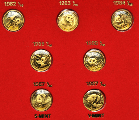 China - Collection of seven 1/10oz gold Panda coins, 1982 through 1987 (both S and Y mint), in a Panda Prestige Set case.