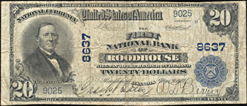 1902 $20.00. Roodhouse, IL Charter# 8637 Blue Seal. F.